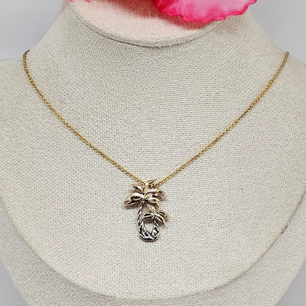 Fas 925 Sterling Silver & Vermeil Palm Tree Pendant Chain Necklace